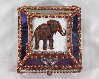 Elephant, Hand Painted, Stained Glass, Keepsake Box,Jewelry Box, Faberge Style, Treasure Box