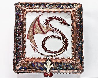 Dragon, Stained Glass, Celtic, Keepsake Box, Jewelry Box, Faberge Style, Treasure Box, Trinket Box, Desk Accessory
