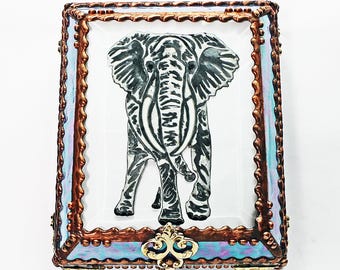 Elephant, Hand Painted, Stained Glass, Keepsake Box,Jewelry Box, Faberge Style, Treasure Box