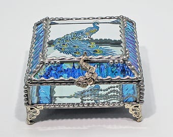 Peacock, Stained Glass, Keepsake Box, Jewelry Box, Faberge Style, Treasure Box