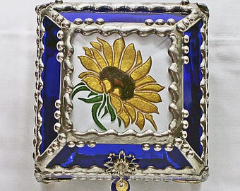 Sunflower, Stained Glass, Keepsake Box, Jewelry Box, Faberge Style, Treasure Box, Flowers