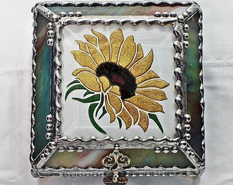 Sunflower, Stained Glass, Keepsake Box, Jewelry Box, Faberge Style, Treasure Box, Flowers
