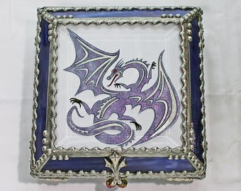 Dragon, art glass, stained glass, display box, jewelry box, souvenir, hand painted