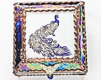 Peacock, Stained Glass, Keepsake Box, Jewelry Box, Faberge Style, Treasure Box