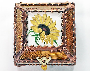 Sunflower, Stained Glass, Keepsake Box, Jewelry Box, Faberge Style, Treasure Box, Flowers