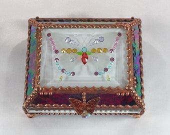 Jewel Encrusted Treasure Jewelry Box, Stained Glass, Desk Accessory, Trinket Box, Butterfly, Vintage Glass Jewels, Swarovski Crystals