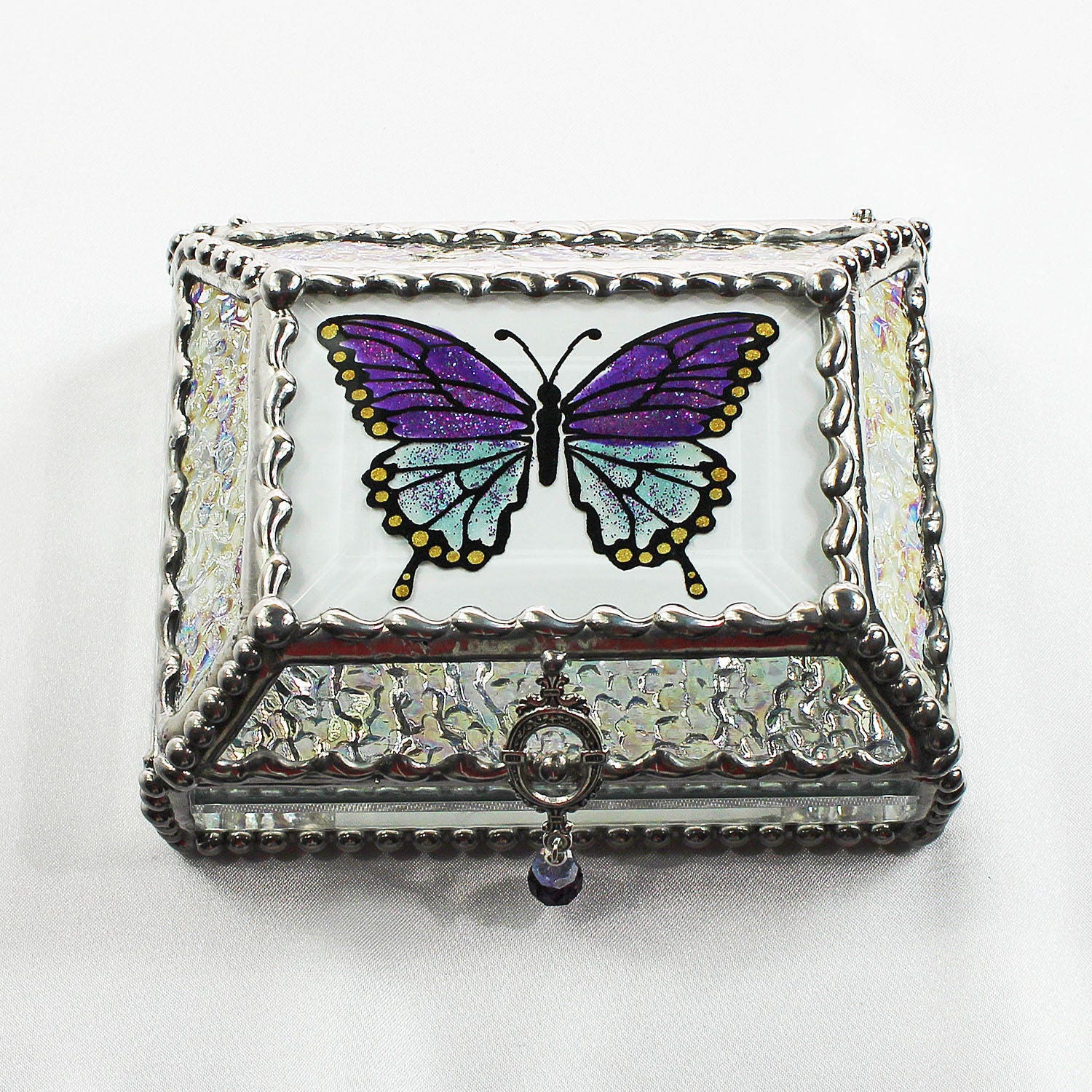 Etched Hand Painted Glass Jewelry Box Hand crafted