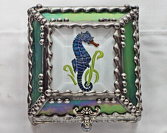Seahorse Carved Glass Jewelry Box, Hand painted Etched Glass, Swarovski crystals, Stained Glass, Glass Art, Beveled Glass, Made in the USA