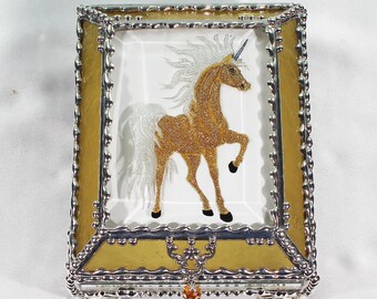 Unicorn, Horse, Equine, Treasure Box, stained glass box, stained glass, display box, jewelry box, , souvenir, mystic, Palomino