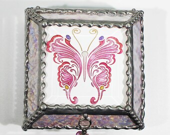 Etched, Hand Painted, Victorian, Butterfly, Stained Glass Box, Jewelry Box, Jewelry Storage, Memory Box