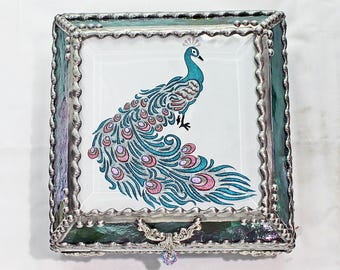 Peacock, Stained Glass, Keepsake Box, Jewelry Box, Faberge Style, Treasure Box