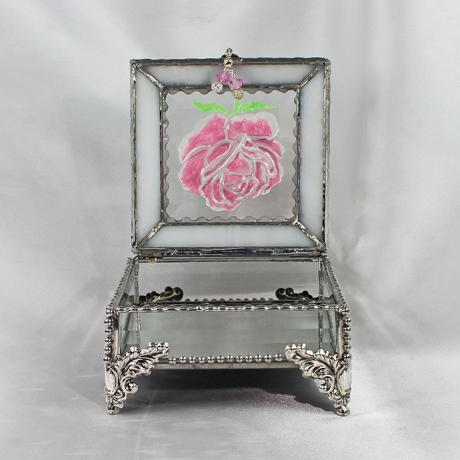 Roses, Hand Painted, Stained Glass, Beveled Glass, Keepsake Box,Jewelry