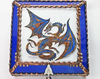 Dragon, art glass, stained glass, display box, jewelry box, souvenir, hand painted