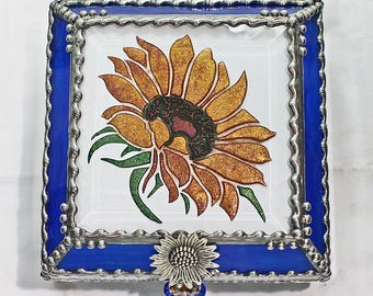 Sunflower, Stained Glass, Keepsake Box, Jewelry Box, Faberge Style, Treasure Box, Flowers