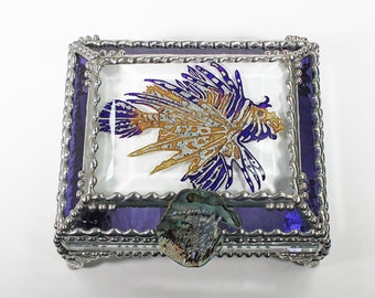 Lionfish Stained Glass Box, Trinket Box, Sea Life, Ocean creatures, Hand Painted Etched, Faberge Style