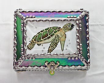 Sea Turtle, Glass Art, Turtle, Keepsake Box,Hand Painted, Faberge Style, Treasure Box