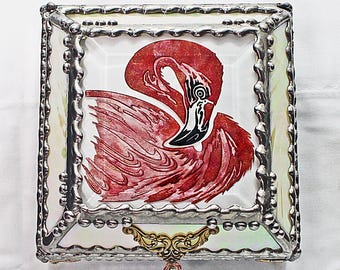 Flamingo, Hand Painted, Stained Glass Box, Trinket Box, Etched, Faberge Style
