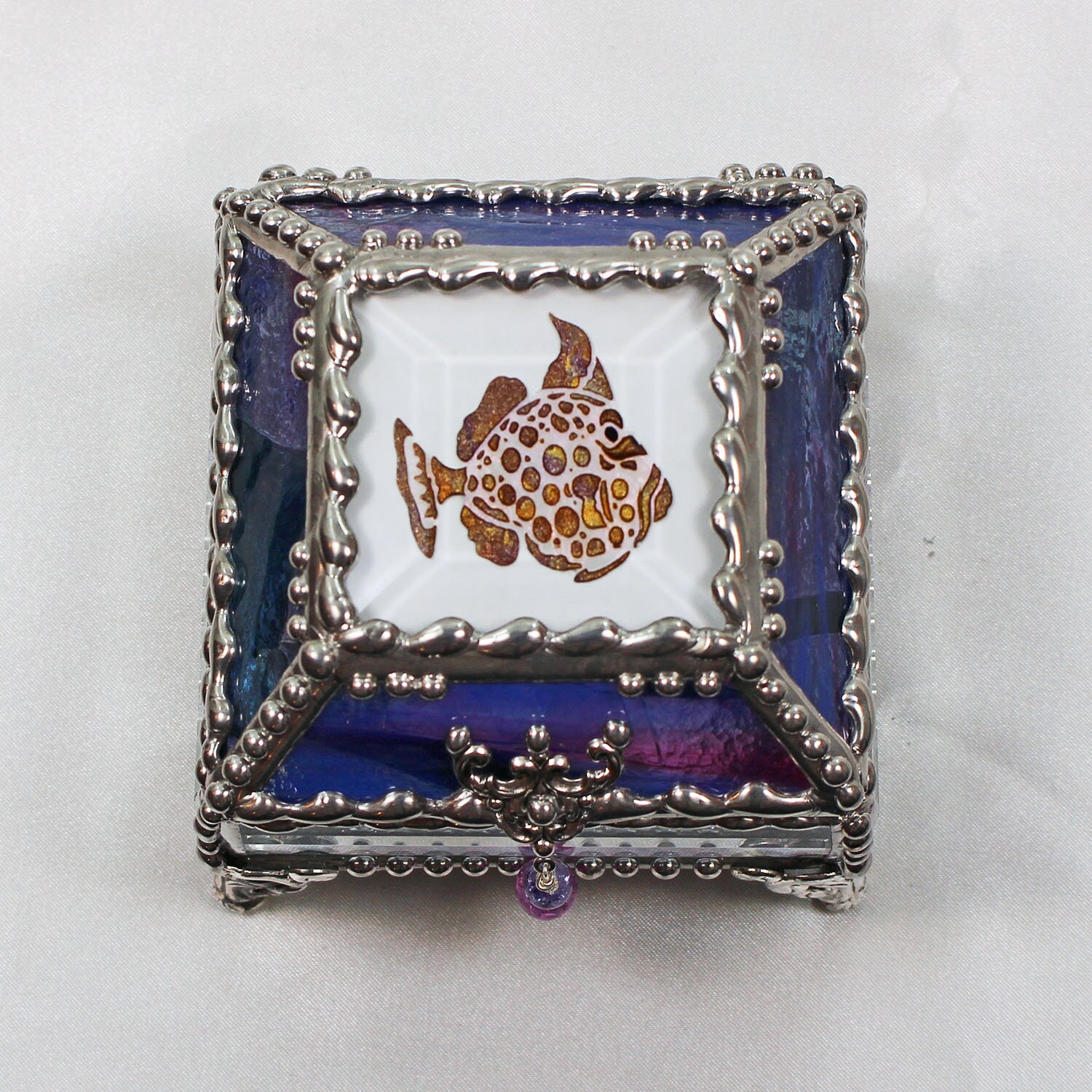 Fish, Ocean Sea Life, Etched hand painted Glass Treasure Box, Jewelry