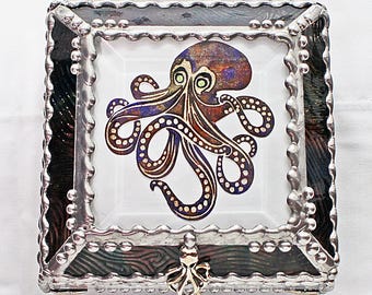 Octopus, Treasure Box, stained glass box, stained glass, display box, jewelry box, , souvenir, mystic