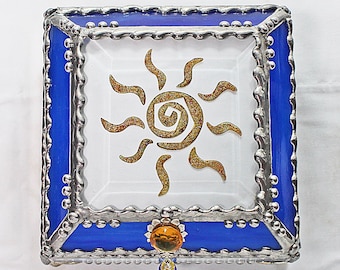 Sun Fetish, Native American,  Etched hand painted Glass Treasure Box, Jewelry Box, Trinket Box, Glass Box, Treasure Box, Faberge Style