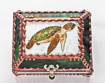 Sea Turtle, Glass Art, Turtle, Keepsake Box,Hand Painted, Faberge Style, Treasure Box