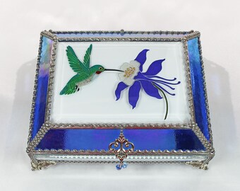 Hummingbird, Columbine, Jewelry Box, Glass Art, Faberge Style, Beveled Glass, Stained Glass