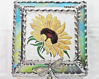 Sunflower, Stained Glass, Keepsake Box, Jewelry Box, Faberge Style, Treasure Box, Flowers