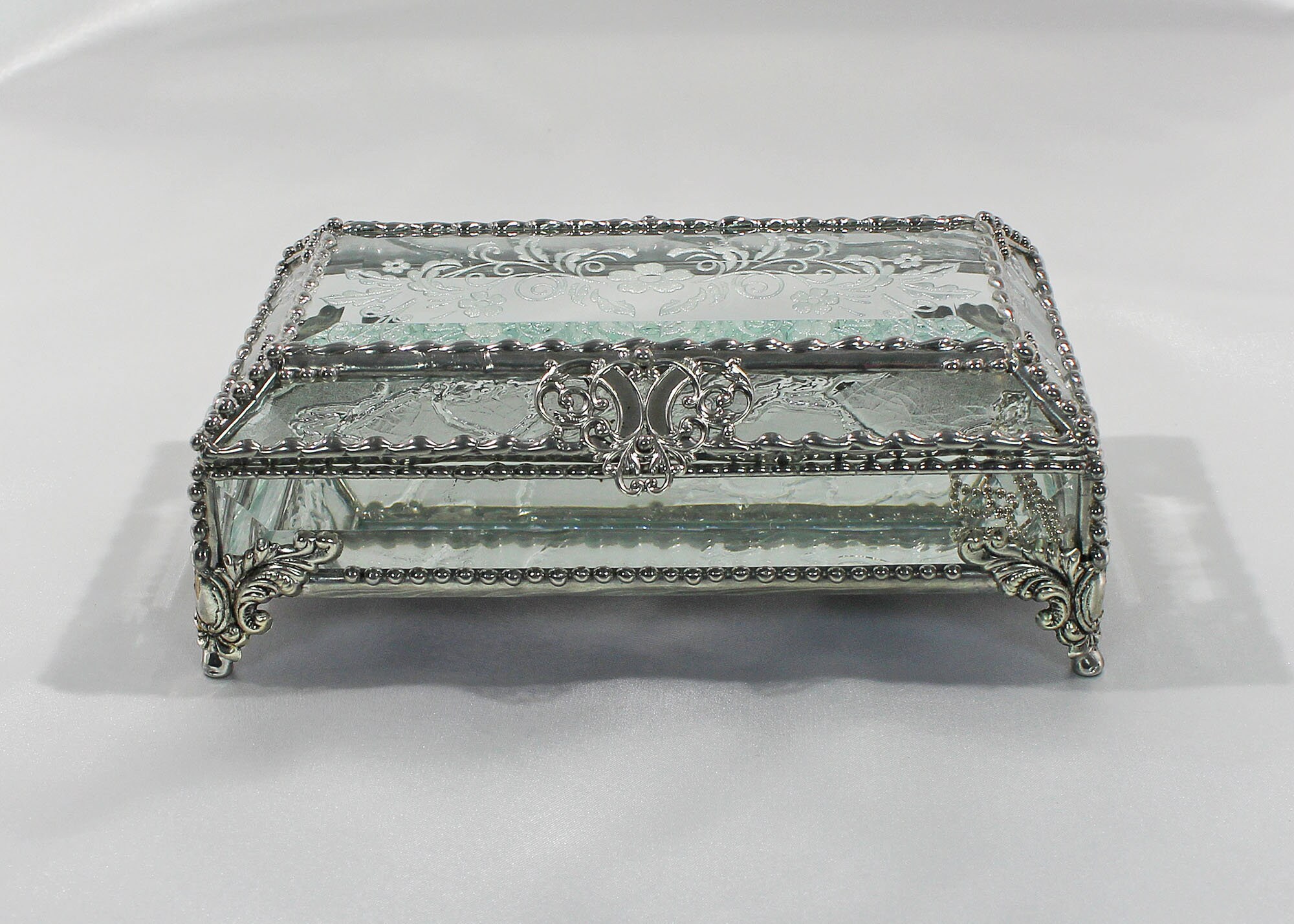 Vintage Embossed Glass Jewelry Box w/ Floral Decal