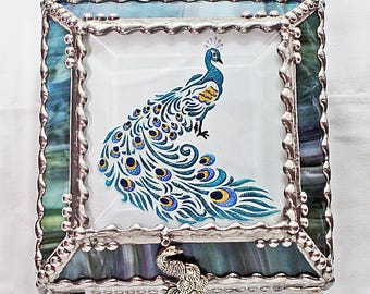 Peacock, Stained Glass, Keepsake Box, Jewelry Box, Faberge Style, Treasure Box