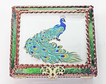 Peacock, Stained Glass, Keepsake Box, Jewelry Box, Faberge Style, Treasure Box