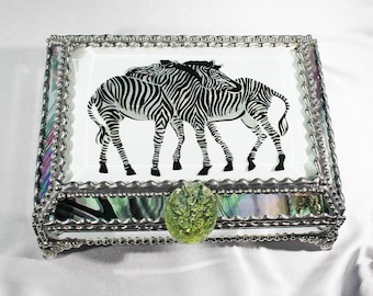 Zebra Etched Glass Jewelry Box, stained glass, Safari, Africa, Zebras, Friends, Backscratch