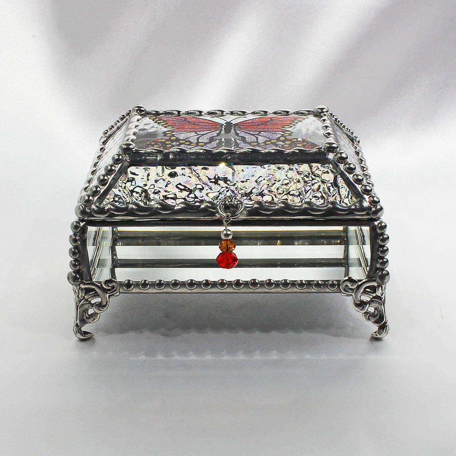 Etched Hand Painted Glass Jewelry Box Hand crafted