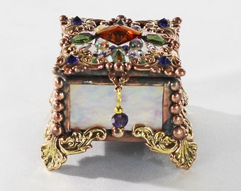 Jewel Encrusted Fairy Box, Ring Box, Swarovski Crystals, Stained Glass, Rosary Box, Made in the USA
