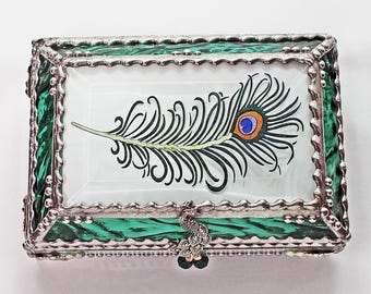 Peacock, Feather, Jewelry Box, EyeGlass Case , Jewelry Box, Glass Art, Beveled Glass, Faberge Style, Beveled Glass, Made in USA