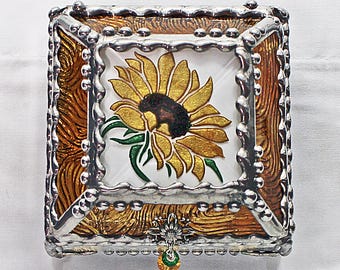 Sunflower, Stained Glass, Keepsake Box, Jewelry Box, Faberge Style, Treasure Box, Flowers