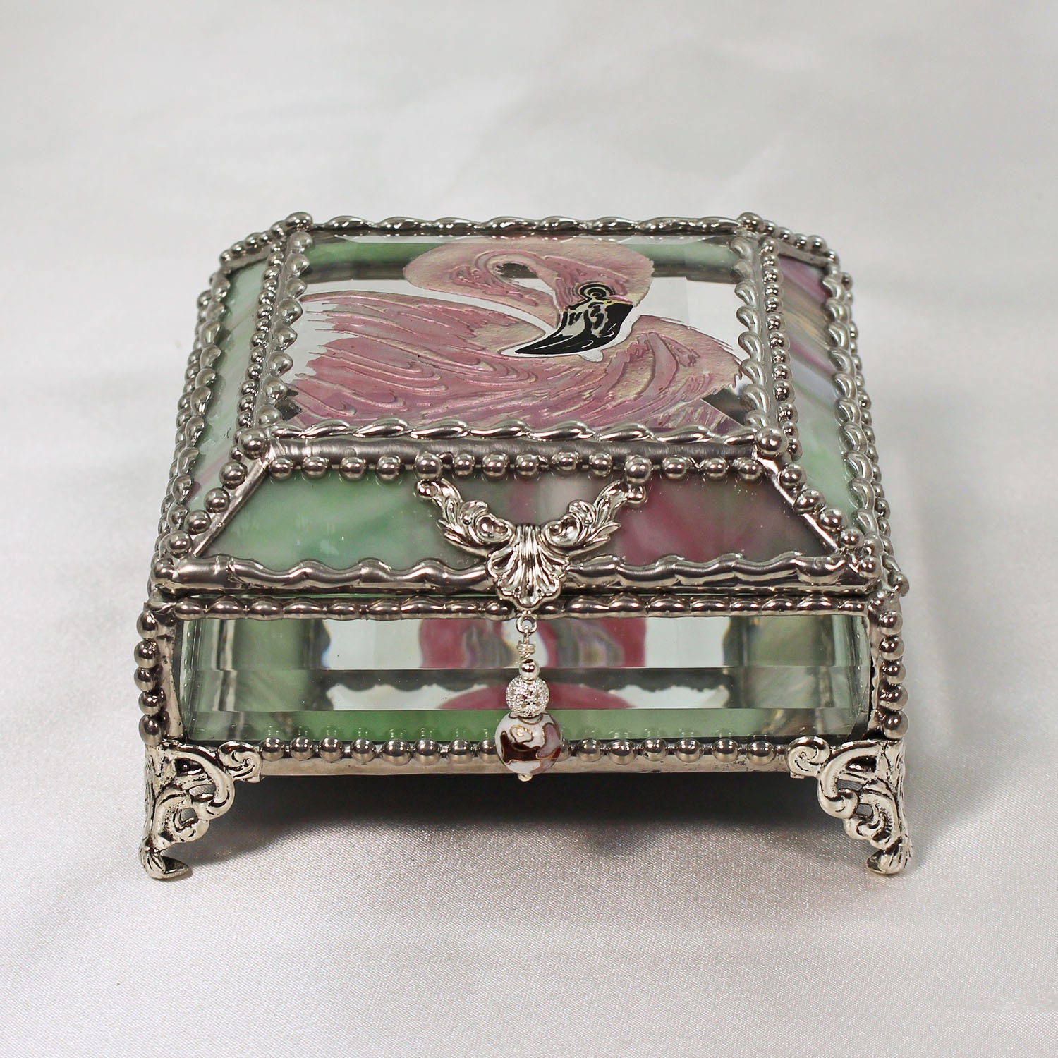 Flamingo, Hand Painted, Stained Glass Box, Trinket Box, Etched, Faberge
