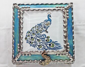 Peacock, Stained Glass, Keepsake Box, Jewelry Box, Faberge Style, Treasure Box