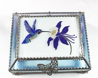 Hummingbird, Columbine, Jewelry Box, Glass Art, Faberge Style, Beveled Glass, Stained Glass