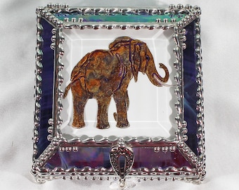 Elephant, Hand Painted, Stained Glass, Keepsake Box,Jewelry Box, Faberge Style, Treasure Box