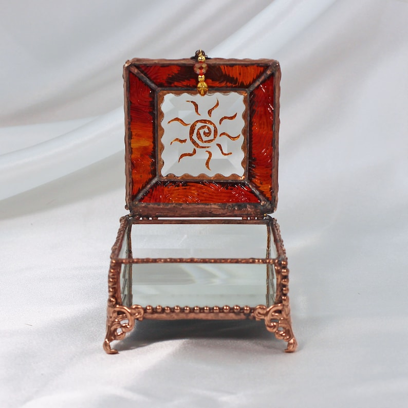 Jewelry Box Glass Box Native American Treasure Box Trinket Box Sun Fetish Etched hand painted Glass Treasure Box Faberge Style