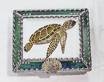 Sea Turtle, Glass Art, Turtle, Keepsake Box,Hand Painted, Faberge Style, Treasure Box