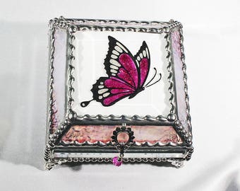 Etched, Hand Painted, Butterfly, Stained Glass, Beveled Glass, Keepsake Box,Jewelry Box, Faberge Style, Made in USA