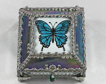 Butterfly Hand Painted Glass Jewelry Box Hand crafted, Gift Box