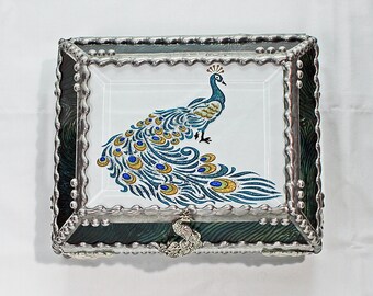 Peacock, Stained Glass, Keepsake Box, Jewelry Box, Faberge Style, Treasure Box