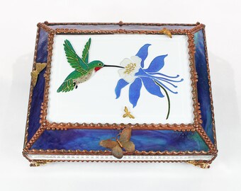 Hummingbird, Columbine, Jewelry Box, Glass Art, Faberge Style, Beveled Glass, Stained Glass