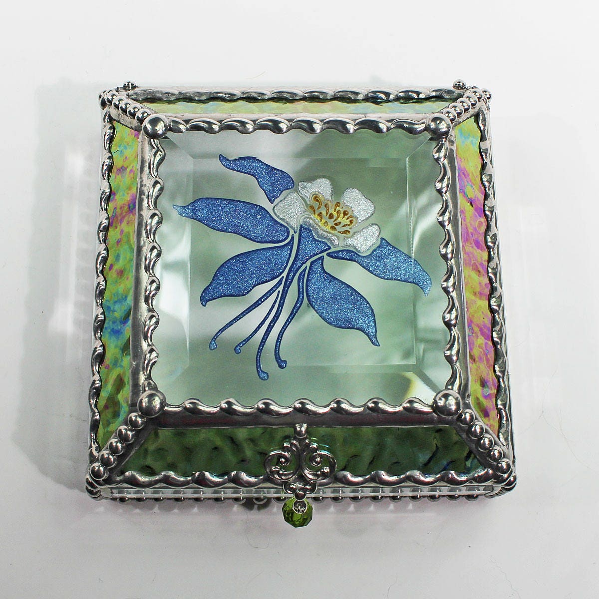 Etched, Hand Painted, Columbine,Flower,Stained Glass, Keepsake Box