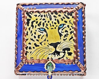 Leopard, Hand Painted, Stained Glass Box, Trinket Box, , Etched, Faberge Style