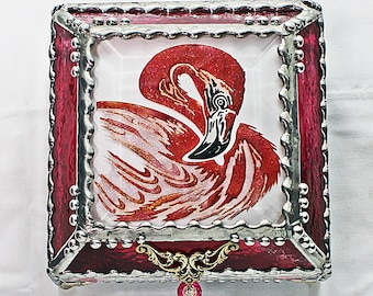 Flamingo, Hand Painted, Stained Glass Box, Trinket Box, Etched, Faberge Style