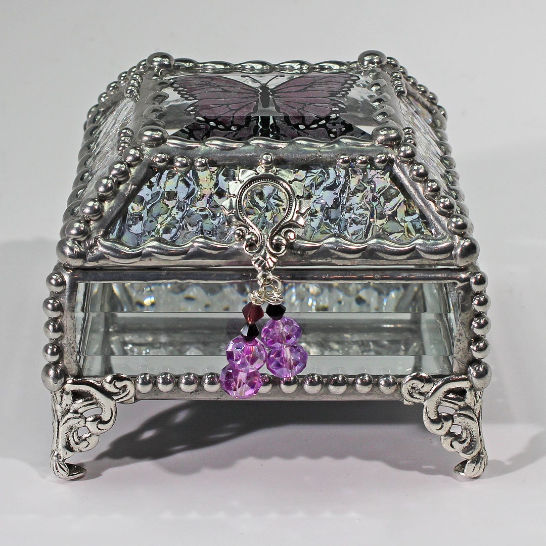 Etched Butterfly Lavender Hand Painted Glass Jewelry Box Hand crafted