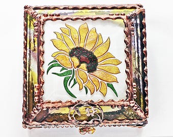 Sunflower, Stained Glass, Keepsake Box, Jewelry Box, Faberge Style, Treasure Box, Flowers